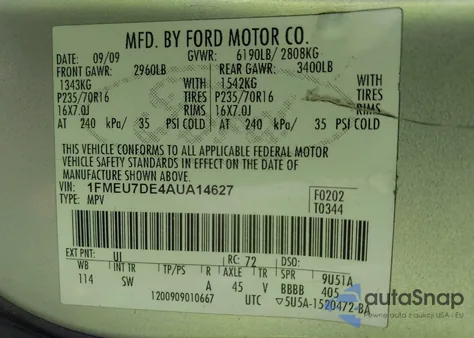 2010 Ford Explorer Xlt z USA, uszkodzony, nr VIN 1FMEU7DE4AUA14627